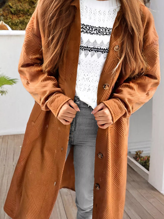 Textured Collared Drop Shoulder Buttoned Front Coat