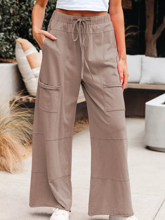 Mineral Wash Exposed Seam Drawstring Elastic Waistband Wide Leg Cargo Pants