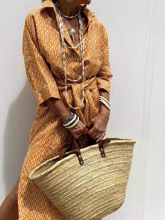 Full Size Printed Button-Down Midi Dress Plus Size