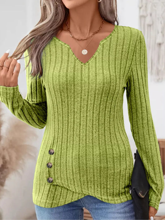Ribbed Knit Notched Long Sleeve Top