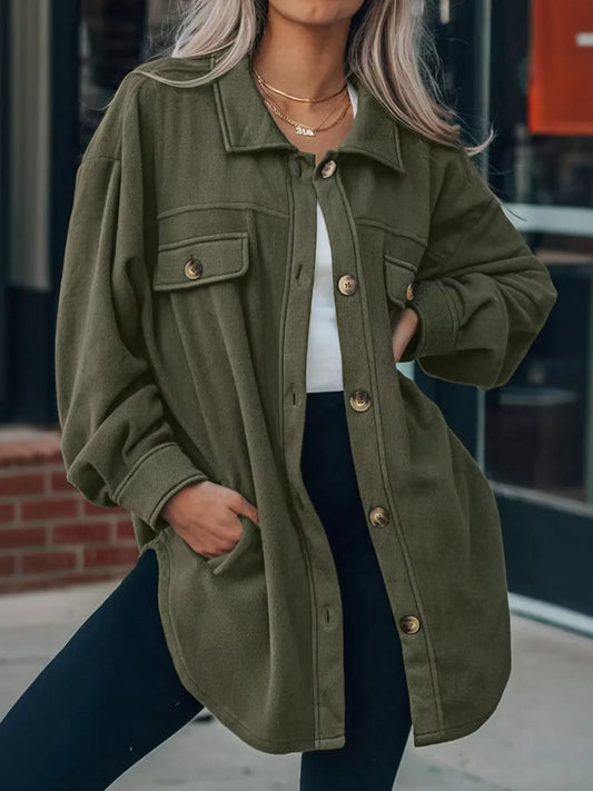 Plus Size Button-Down Dropped Shoulder Shacket