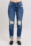 Judy Blue Full Size Midi Rise Boyfriend destroy Jeans with Yoke Pockets and Faux Selvedge Cuff Plus Size