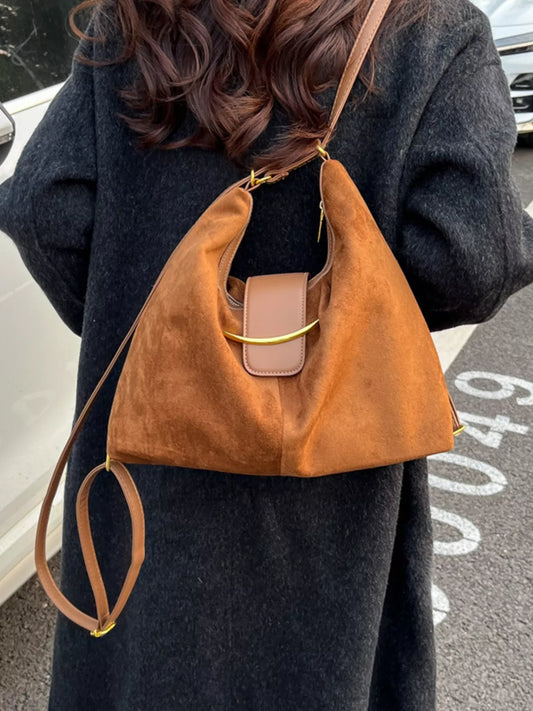 Convertible Suede Backpack Bag with Metal Accent