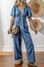 V Neck Short Sleeve Smocked Back Denim Jumpsuit