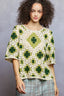 POL Round Neck Short Sleeve Color Pattern Crochet Top with Border Accents