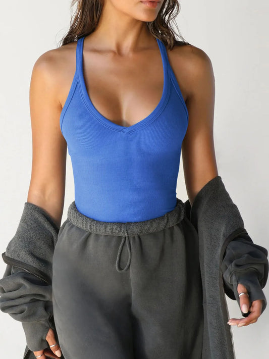 Ribbed V-Neck Halter Tank Top