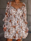 Floral Print Sweetheart Neck Long Sleeve High Waist Mini Dress