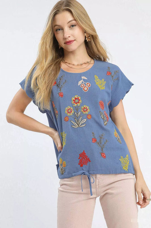Umgee Embroidered Scallop Sleeve Top with Drawstring Hem