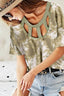 BiBi Tie Dye Print Waffle Top with Contrast Caged Neck