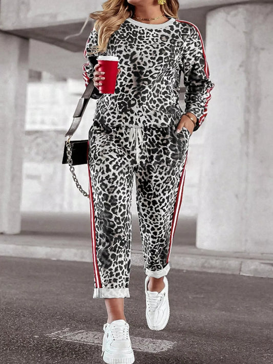 Plus Size Leopard Print Long Sleeve Top and Pants Set
