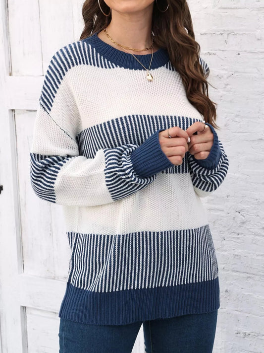 Full Size Color Block Dropped Shoulder Sweater Plus Size