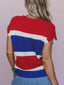 Striped Notched Short Sleeve Sweater