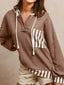 Waffle Texture Striped Patchwork Button Neck Drawstring Hoodie