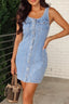 Button Front Chest Pockets Sleeveless Slim Mini Denim Dress