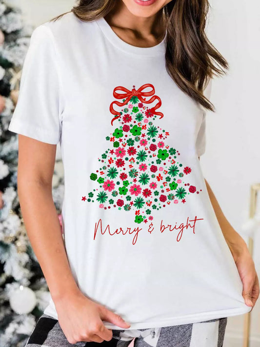 Merry & Bright Floral Christmas Tree Graphic T Shirt