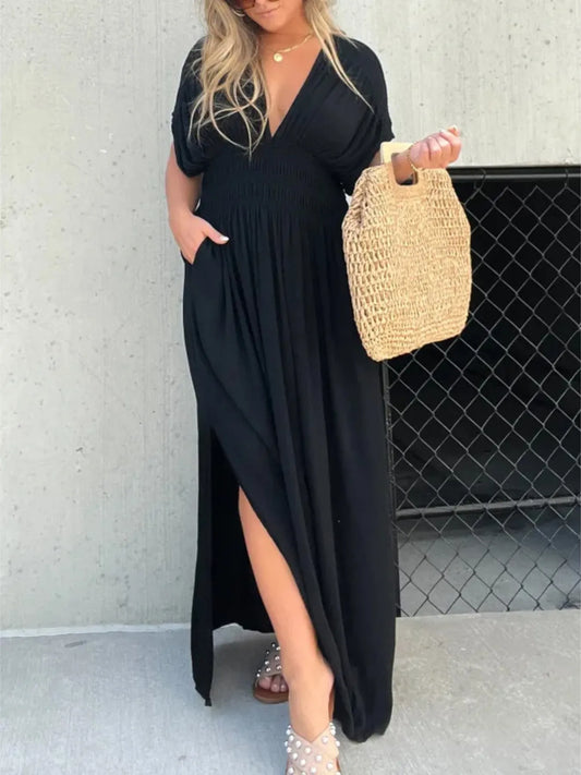 Full Size Deep V-Neck Maxi Dress with Side Slit Plus Size
