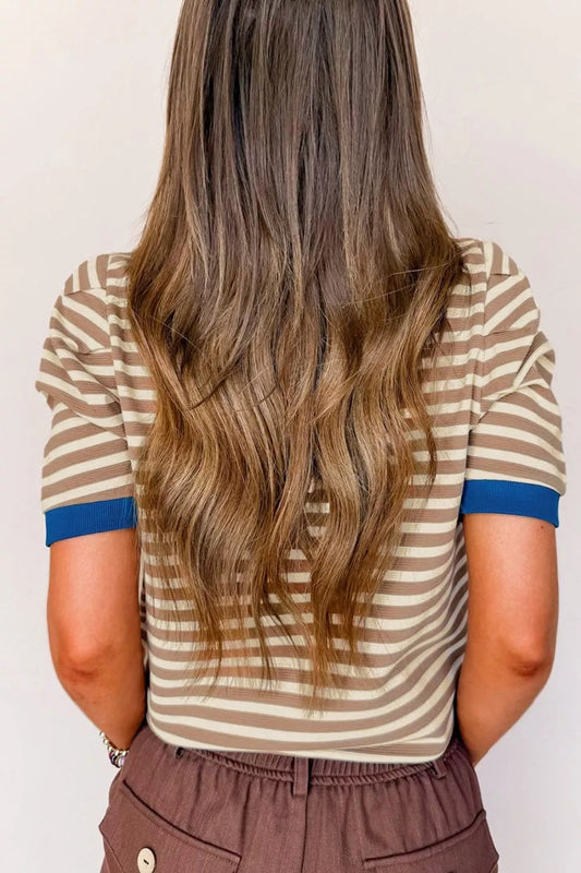 Stripe Short Puff Sleeve Contrast Trim Round Neck Tee