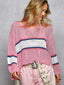 POL V-Neck Striped Pattern Cropped Knit Top with Cable Knit Detail