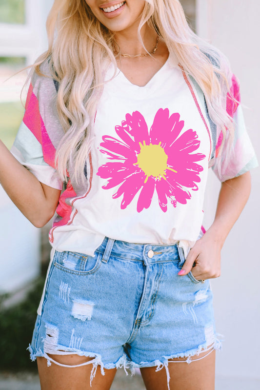 Daisy Graphic V-Neck Half Sleeve T-Shirt