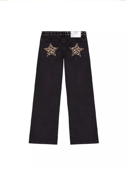Leopard Star Patches Wide Leg Jeans