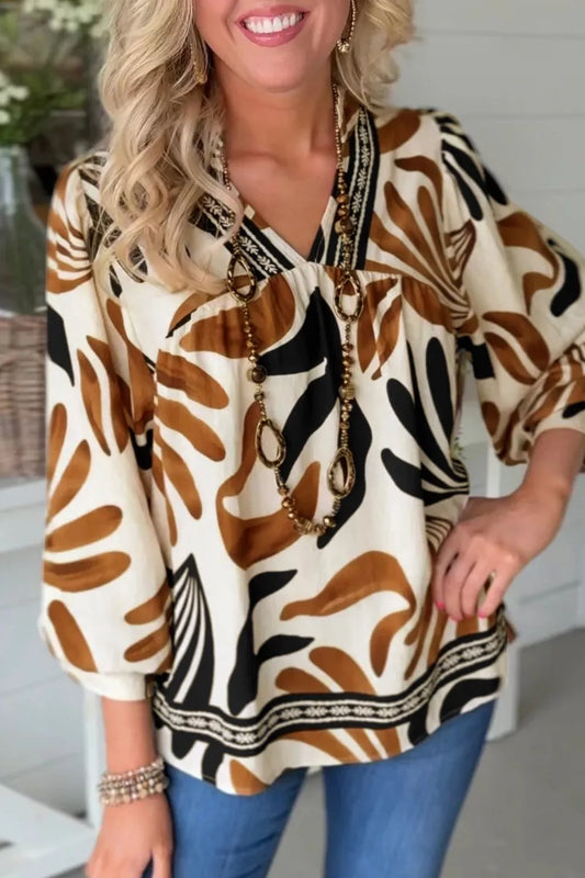 Abstract Print Puff Sleeve Loose Blouse