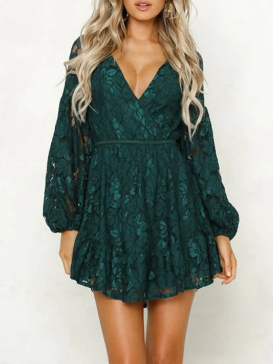 Lace V-Neck Long Sleeve Mini Dress