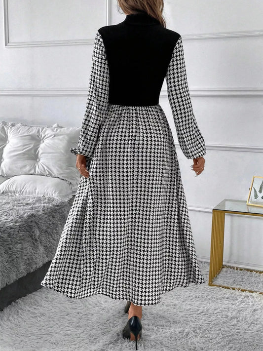 Houndstooth Mock Neck A-Line Dress