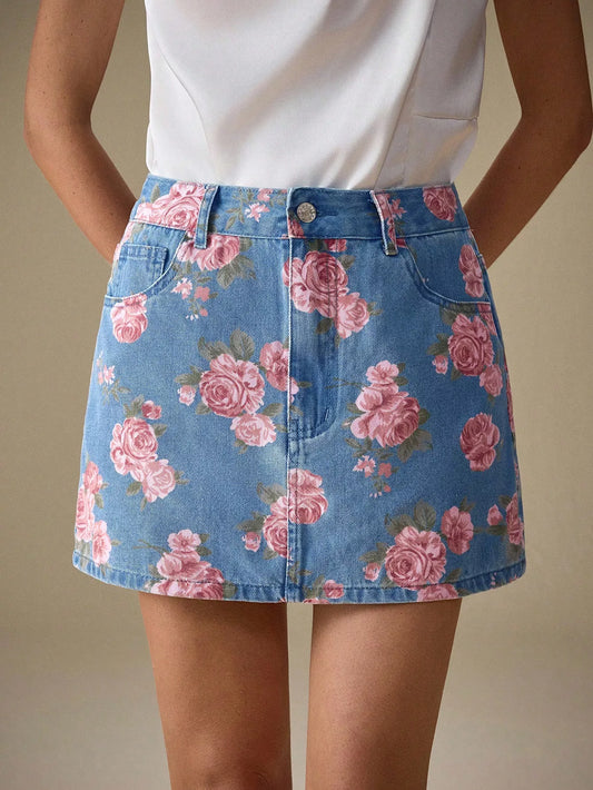 Floral Print Denim Skirt
