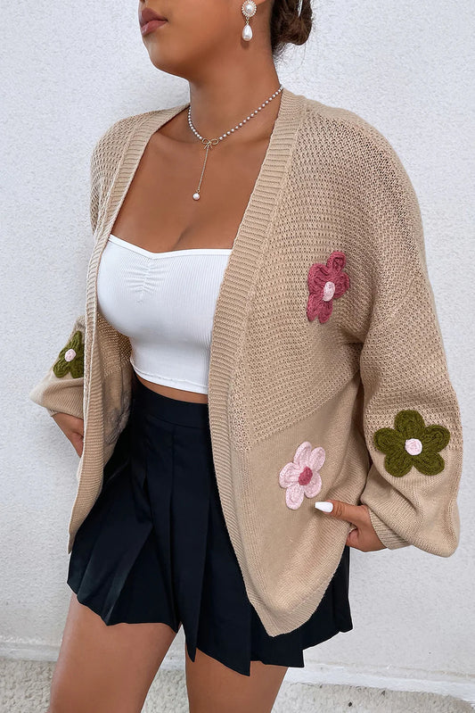 Floral Applique Drop Shoulder Open Front Cardigan