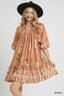 Umgee Boarder Print Tassel Tie Neck Mini Dress