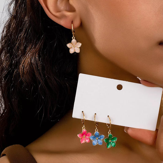 4 Piece Colorful Flower Drop Earrings
