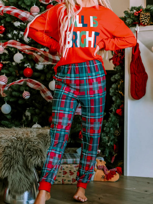 ALL IS BRIGHT Graphic Christmas Plaid Pajamas Set