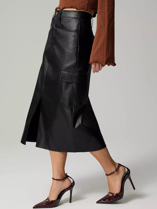 Slit Leather Cargo Skirt