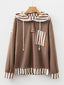 Waffle Texture Striped Patchwork Button Neck Drawstring Hoodie