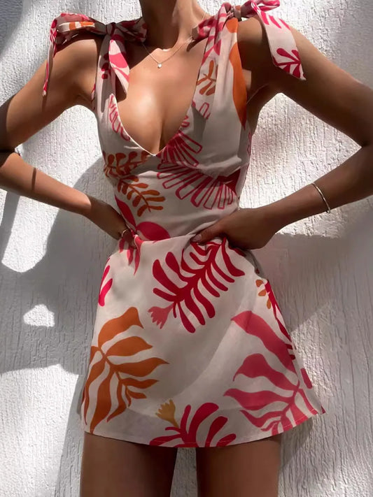 Printed Tie-Shoulder Mini Dress