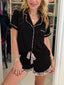 k Leopard Patchwork Trim Lapel Shirt Drawstring Shorts 2pcs Pajama Set