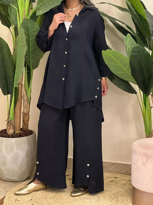 Full Size Button-Down Shirt and Wide-Leg Pants Set Plus Size