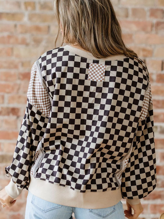 Mixed Checkered Pattern Patchwork High Low Casual Top