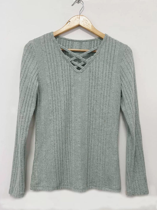 Crisscross V-Neck Ribbed Knit Long Sleeve T-Shirt