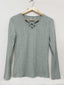 Crisscross V-Neck Ribbed Knit Long Sleeve T-Shirt