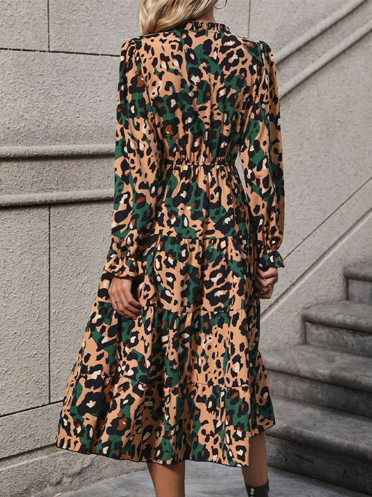 Perfee Leopard Notched Flounce Sleeve Midi Dress