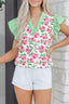 Floral Print Striped Ruffle Trim V Neck Blouse