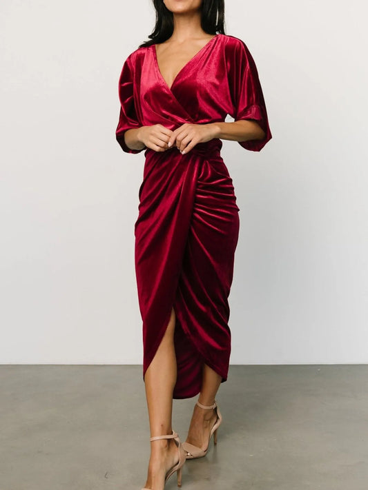Ruched Surplice Half Sleeve Dress