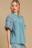 Umgee Full Size Embroidered Puff Sleeve Mock Neck Top Plus Size