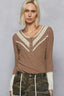 POL Ribbed Half Button Lace Detail Knit Top