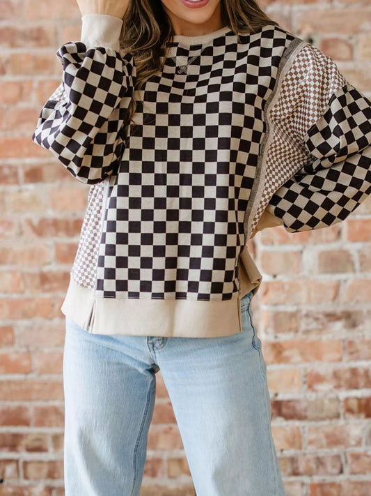 Mixed Checkered Pattern Patchwork High Low Casual Top
