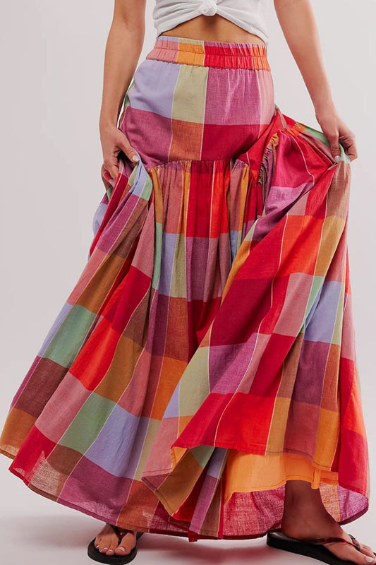 Color Block Elastic Waist Maxi Skirt