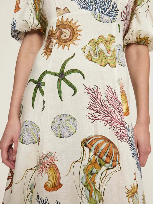 Printed Round Neck Puff Sleeve Dress