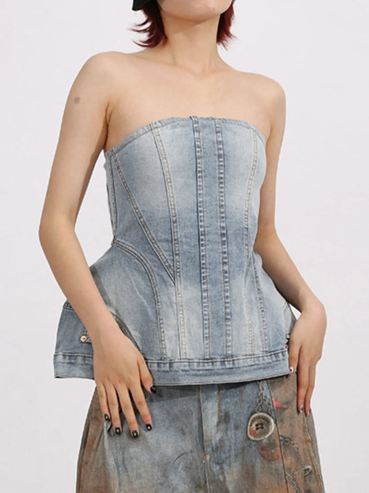 Zip Back Denim Tube Top