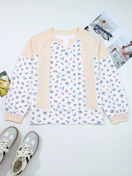 Waffle Knit Floral Color Block Patchwork Balloon Sleeves Oversized Top